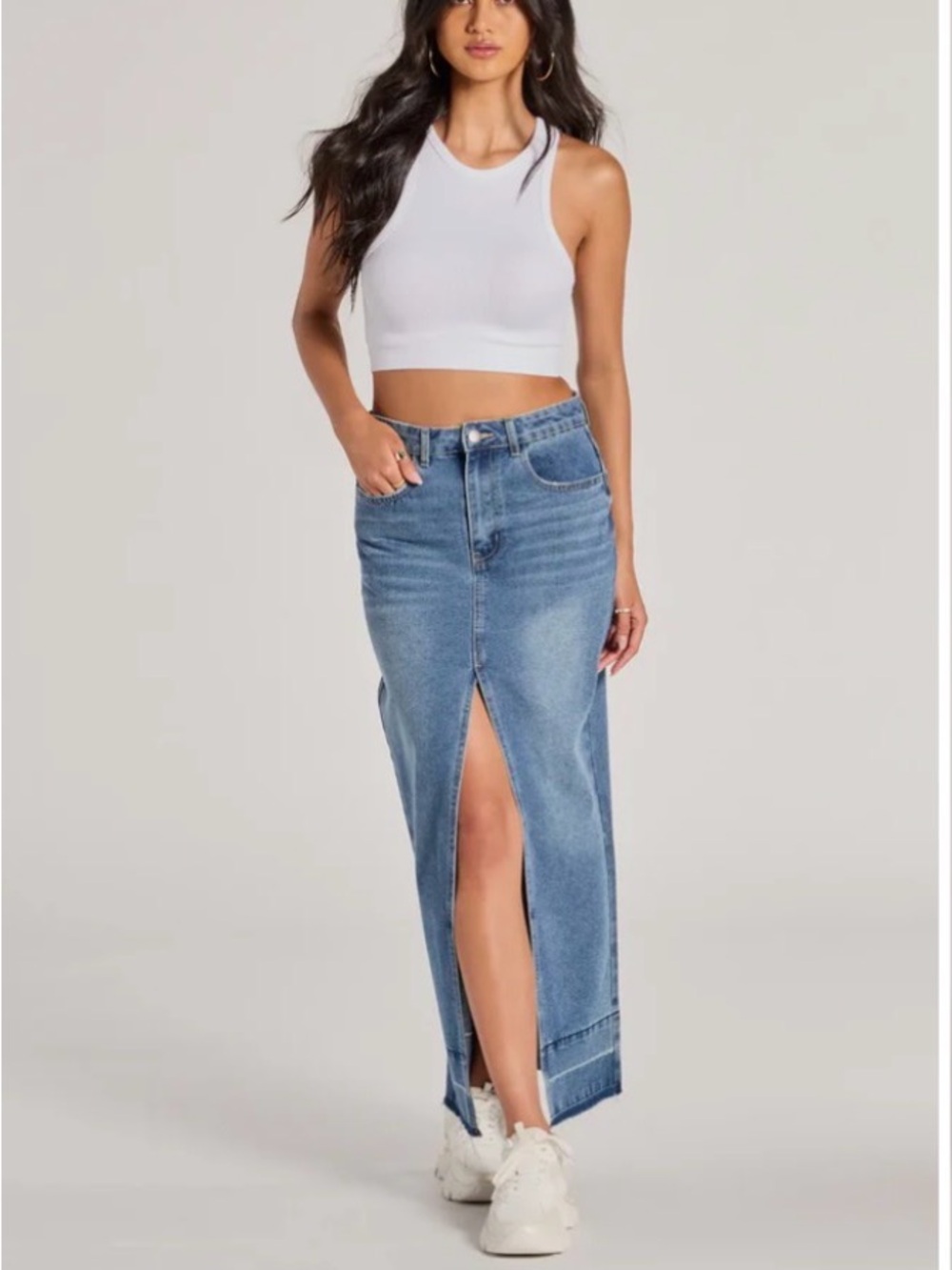 Classic High-Slit Denim Maxi Skirt